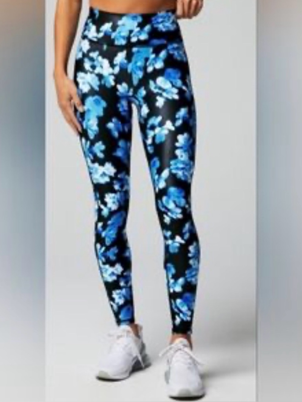 Fabletics Medium Black Leggings with Blue Floral Print